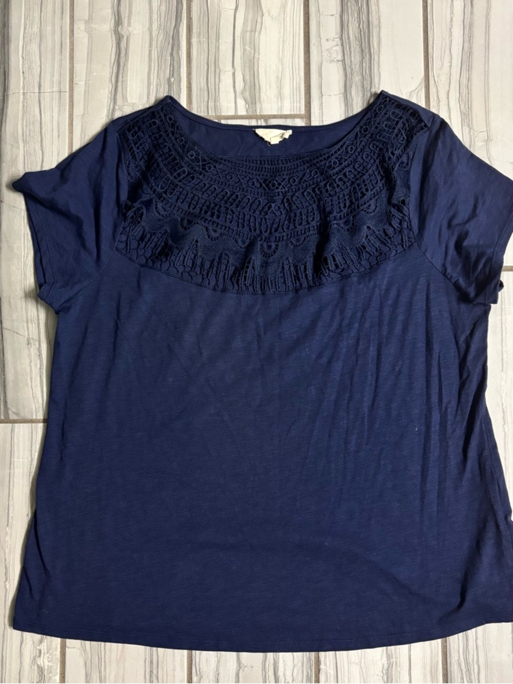 Navy Crochet Yoke Short Sleeve Tee - Women
